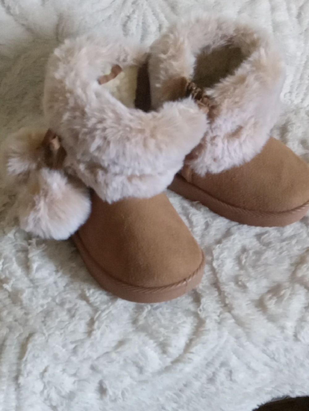 Kids Tan Faux-Fur Pom Booties